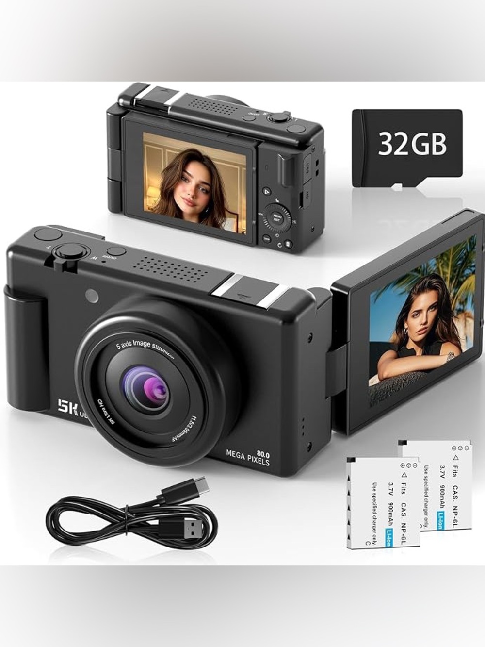 5K Digital Camera for Photography, 3" 270° Flip Screen Vlogging Camera